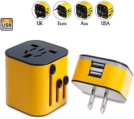 World Travel Adapter USB Charger All in One Safety Universal Wall Plug Dual 3.2A USB (US/UK/EU/AUS) Detachable Port for World Wide and Home Use from Depot Globe 100% GUARANTEE! (Yellow)