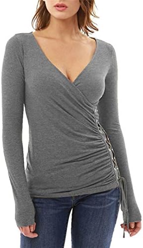 Women blouse, YISAI Women's Sexy Slim V Neck T-Shirt Ladies Long Sleeve Fashion Casual Straps Tops Shirt Blouse Tee (L, Gray)