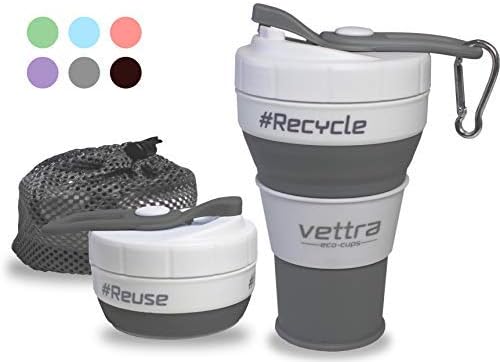 Reusable Folding Coffee Cup by Vettra, with Carry Hook and Caribiner. Size is 450ml or Large, Travel Cup,Reusable Folding Cup, Collapsible Cup, Silicone Cup