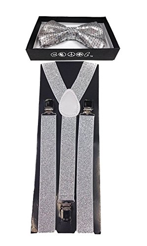4everStore Unisex's Sequin Bow tie & Suspender Sets (Silver)