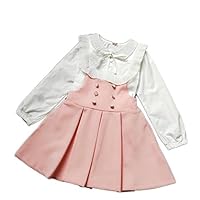 JIANLANPTT Autumn Kids Girls Party Dress Sets White Long Sleeve Korean Blouse +Suspender Skirt Pink 120(6-7Y)