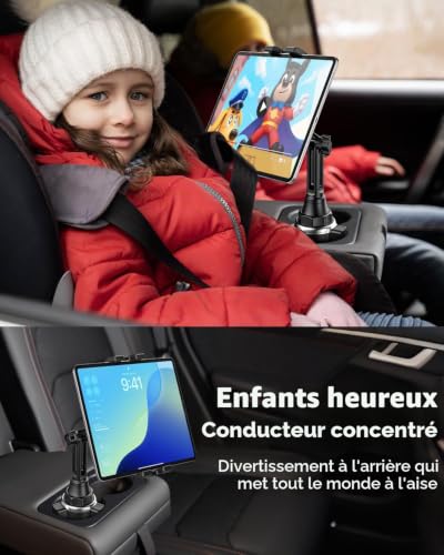 Support Tablette Voiture Gobelet, woleyi Universel Porte Gobelet Tablette avec Bras Télescopique, Support Téléphone Voiture Tasse, Pour iPad Pro 12.9 10.5 9.7 Air Mini 5 4 3 2, iPhone Series 4-13"