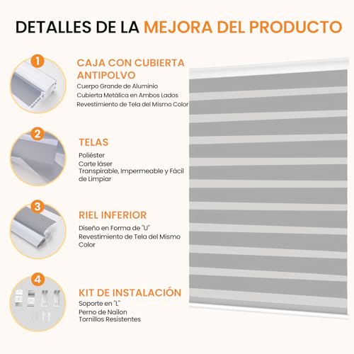 OSLIFE Persianas Enrollables para Ventana, Ajustables Cortinas Blackout para Recamara,Control de Densidad de Luz,Vertical de Doble Capa Estilo Cebra,Cocina,Sala,Oficina (Gris, 160An x 180Al cm)