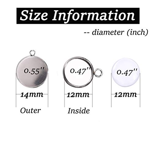 Blank Pendant Trays Transparent Glass Cabochon Settings Stainless Steel Charms for Photo Craft Jewelry Making Round Shaped 12mm 50pcs