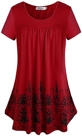 DSUK Women's Round Neck Short Sleeve Casual Floral Pleated Loose Fit Tunic Tops