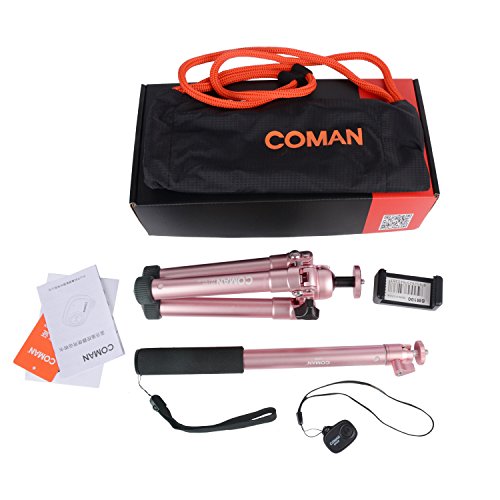 COMAN MT50 Selfie Stick Tripod Kit Compact for Travel with Bluetooth Remote and Phone Adapter for iPhone Smartphone and Digital Camera Aluminum (Rose Gold)