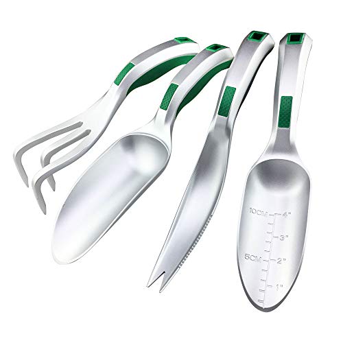 CFCT One-piece Bend Proof Garden Tool Set, 4 Piece Aluminum  Lightweight Gardening Kit with Ergonomic Handle | Scoop Trowel, Transplanter, Weeder, Cultivator Hand Rake,Garden Giftbox for Men Woman