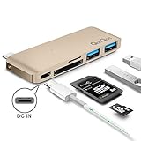 QacQoc Premium Type-C Hub with Power Delivery 2 superspeed USB 3.0 ports, 1 SD memory port, 1 microSD memory port card reader for MacBook 12-Inch, Aluminum Alloy Build (Gold)