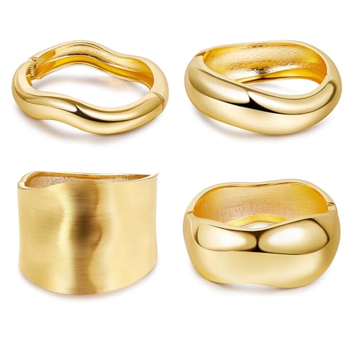 AFSITNIG 4PCS Chunky Gold Bangles Bracelets for Women, 14k Gold Plated Hinged Big Bangles Set, Non Tarnish Thick Bracelets Trendy Wide Statement Cuff Bracelets Fashion Jewelry Gifts at Amazon