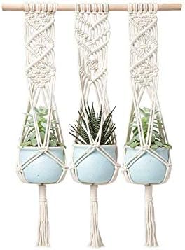 Langugu Macrame Plant Hanger With Wooden Dowel Three Tier Wall Hanging Planter Basket For Indoor Outdoor Flower Pot Plant Holder Wall Art Vintage Inspired Home Boho Decor Cotton Rope 4 Legs 41 Inch