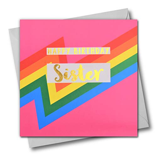 Claire Giles Greeting Cards, Happy Birthday Sister Card, Pink Colour Bolts Design, Text Foiled in Shiny Gold