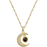 DIAMANTIO 18K Gold Plated Crescent Moon Pendant Necklace with Black Crystal and Cubic Zirconia – Dainty Celestial Jewelry for Women
