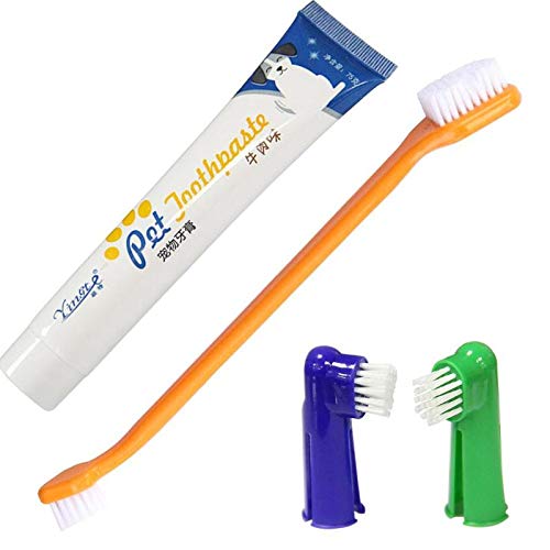 4Pcs/Set 1pcs Toothpaste + 2pcs Brush Head Pet Accessories Set Two-head Pet Accessories + 1pcs Dog Puppy Cat Flavour