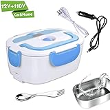 Electric Lunch Box for Car and Home 110V & 12V 40W - Removable Stainless Steel Portable Food Grade Material Warmer Heater - with 2 in 1 Fork & Spoon