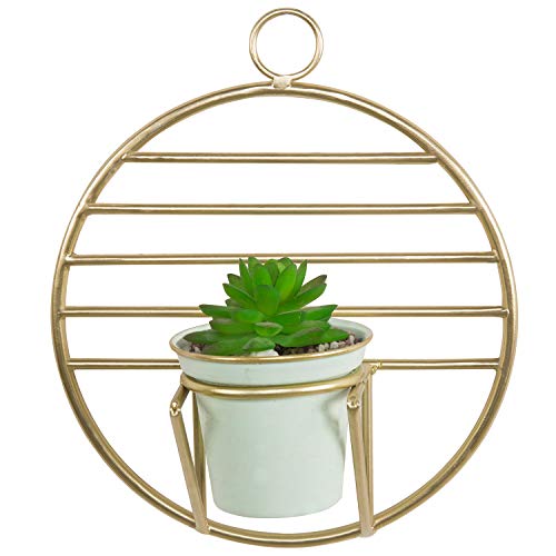 MyGift Art Deco Gold Tone Metal Wall Mounted Plant Rack with Turquoise Pot