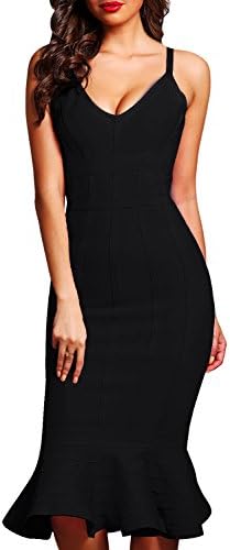 Fbeauty Women's V Neck Mermaid Strap Bandage Dress Midi FB15249 (M, Black)