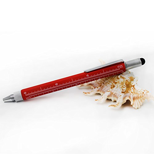 6 in 1 Multitool Pen with Gift Box - Includes 1 Ballpoint Pen, Universal Stylus Pen, Ruler,Flat and Phillips Screwdriver Bit, Level Gauge - The Perfect Multi-Function Gadget (Red)