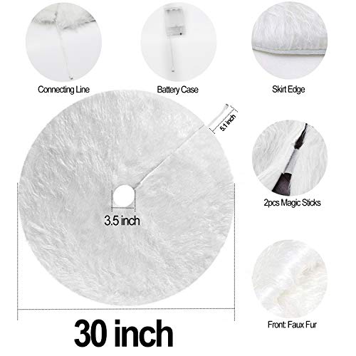 BIGOU Christmas Tree Skirt with LED Light, 30 Inch 2 Modes Snow White Luxury Faux Fur Tree Skirts Base Cover Floor Mat Christmas Lighting Decorations for Xmas Party Holiday Home Garden