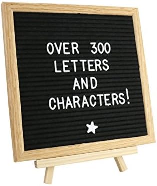 Black Felt Letter Board 10 x 10 Inches with BONUS Bag, Letters, Stand. Natural American Red Oak Wood, Durable Polyester Black Felt, 290 Piece Letters + 45 Piece Emojis. For Photos, School, Business