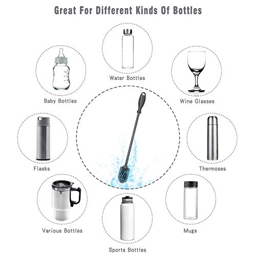 Silicone Bottle Cleaning Brush with Long Handle, BPA Free 12.5" Water Bottle Cleaner for Baby Bottles, Hydro Flask, Sports Bottle, Vase, Glassware, Perfect for Smaller Diameter Bottle Openings (Gray)