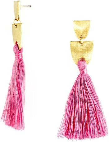 Geometric Cutout Thread Tassel Dangle Earrings (Hot Pink)