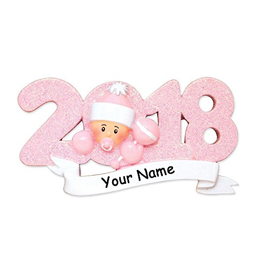 2021 Baby's First 1st Christmas Keepsake Glittered Hanging Christmas Ornament Gift - Pink Baby Girl with Stocking Cap Pacifier and Rattle - Your Choice of Personalized Custom Name