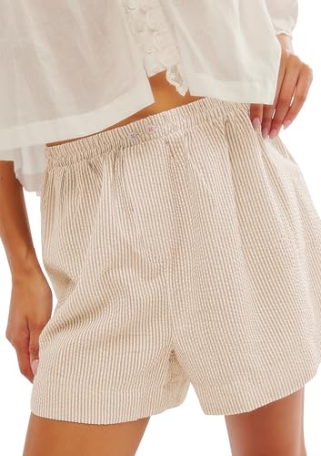 Photo 1 of ***small*** YUENIU Women's Casual Striped Print Elastic Shorts Summer High Waist Wide Leg Shorts with Pockets Khaki