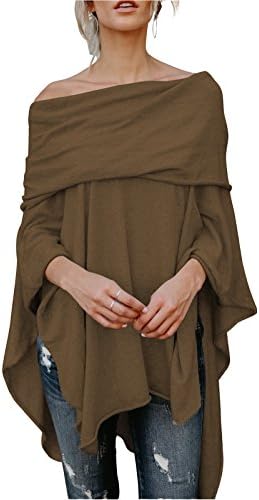FOXRED Womens Off Shoulder Irregular Hem Soft Knitted Poncho Sweater Pullovers