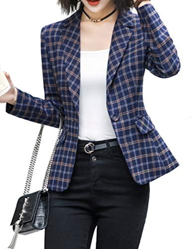 Women's Blazer 3/4 Sleeves Long Sleeves Jacket Suit Top One Button Office Cardigan Casual Plaid Blazers