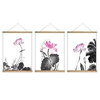 3 Panel Hanging Poster with Wood Frames Lotus Canvas Artwork Wall Picture Home Decoration - 18
