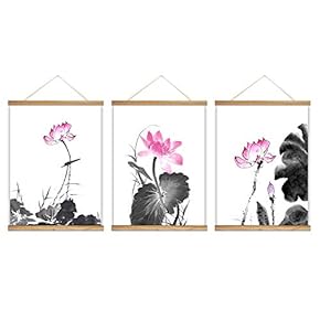 3 Panel Hanging Poster with Wood Frames Lotus Canvas Artwork Wall Picture Home Decoration - 18"x24"x3 Panels