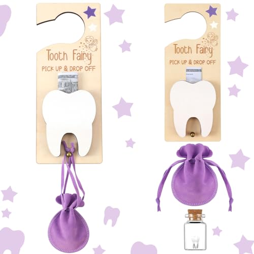 DoubleFill Tooth Fairy Holder Bag Hanger with Money Slot Keepsake Bottle Velvet Pouch Tooth Fairy Box Encourage Gift for Lost Teeth Boy Girl Milk(Classic,Purple)
