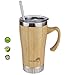 Wazzala Bamboo Travel Mug with Handle - Leak Proof Lid, Eco-Friendly Tumbler. Stainless Steel Straw Included. Insulated, Splash Proof Cup for Coffee or Tea. 16 Oz