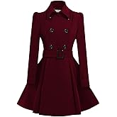 ForeMode Women Swing Double Breasted Wool Pea Coat with Belt Buckle Spring Mid-Long Long Sleeve Lapel Dresses Outwear