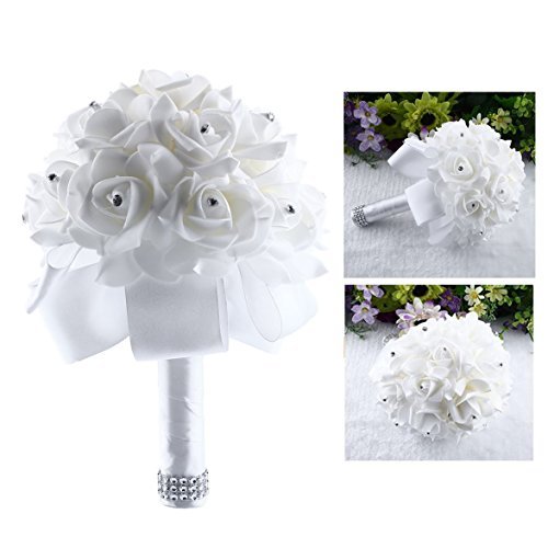 Artificial Flowers,Bride Holding Bouquet,Wedding Flower with Diamond,Pure white Satin Flowers for Valentine's Day,Birthday