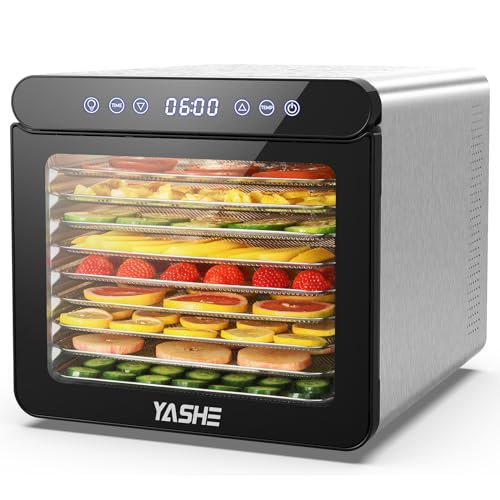 YASHE Food Dryer, 800W Dehydrator with LED Display, Temperature Up to 75°C and 48H Timer, 9 Stainless Steel Trays, 9 Mesh Sifters, 1 Fruit Tray