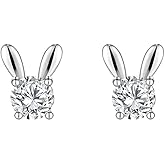 Cute Rabbit Bunny Mini Stud Earrings for Women Teen Girls 925 Sterling Silver Cubic Zirconia Solitaire Crystal Animal Cartilage Tragus Tiny Studs Earring Dainty Jewelry Gifts Birthday