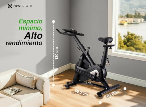 PowerPath - Bicicleta Estática para Spinning/Ejercicio en Casa, Disco de 13 kg, Bluetooth para APPs, Magnética, Robusta, Silenciosa con Monitor Electrónico, RPM - Bici Fija para Gym en Casa, Color Negro, Ajustable, 150 kg