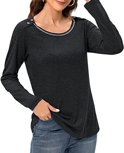 HUSKARY Black T Shirts for Women Long Sleeve Round Neck Button Decor Causal Blouse