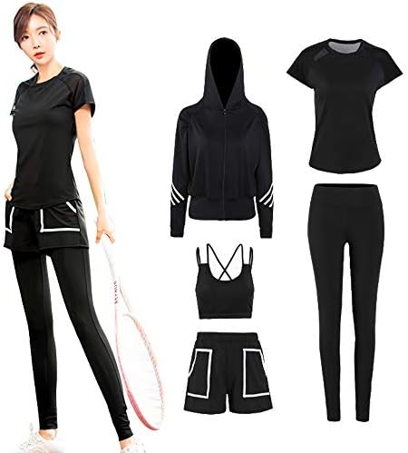SURENOW Women’s Yoga Wear, Sportswear, 5-Piece Set, Stretchy, Sweat Absorbent, Quick Drying, Training, Running, Fitness Wear, Padding, Spring, Summer, Autumn and Winter