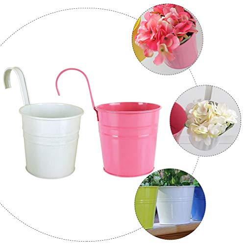 BESPORTBLE Hängetopf Balkon Metall Blumentopf Vase Vintage Blumeneimer Pflanzkübel Pflanztopf zum Hängen Übertopf mit Haken für Garten Balkon Dekoration Wanddeko Rosa Weiß 2 Stück – Bild 6