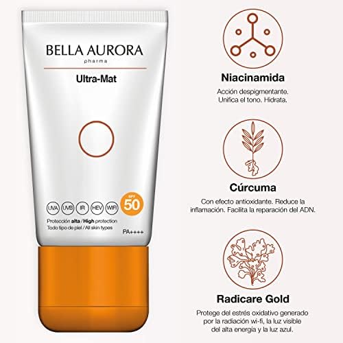 Bella aurora - ultra-mat, anti-manchas textura gel protetor solar facial fps50, proteção solar anti-manchas para pele oleosa