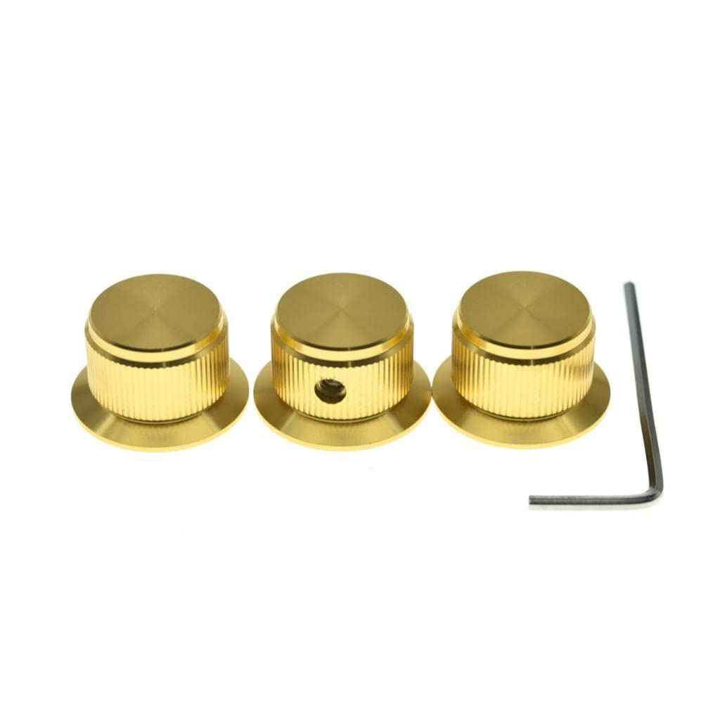 3-Pack Set Screw Style Aluminium Potentiometer Knobs 1/4" Universal Top Hat Knobs Bell Volume Tone Control Knobs for Guitar/Bass/AMPS/Preamps Gold
