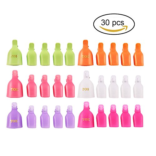 Teenitor 30 Pieces 6 Color Reusable Toenail Nail Art Soak Off Cap Clip UV Gel Polish Remover Tool