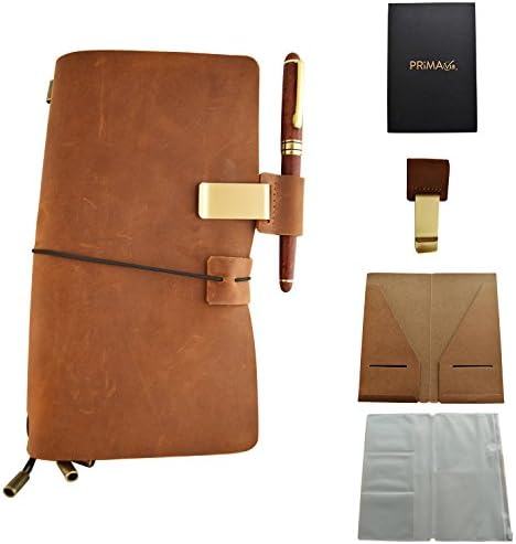 Vintage Handmade Genuine Leather Journal - Refillable 8.75'' x 5'' Writing, sketching, traveler Notebook. Includes Rosewood Fountain pen, Pen Holder, Zipper, Card Pocket, Gift Box, 3 Types of Paper
