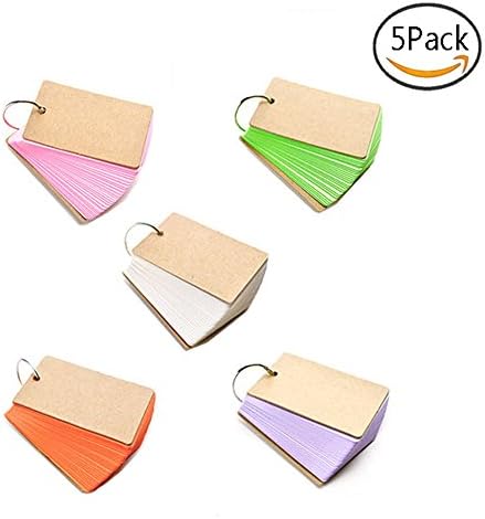 Dotebpa 5 Pack/250Pcs Assorted Colors Binder Ring Easy Flip Flash Card Kraft Paper Study Cards,Bookmark/ DIY Greeting Card/ Index Card/Memo Scratch Pads,5.38.9cm