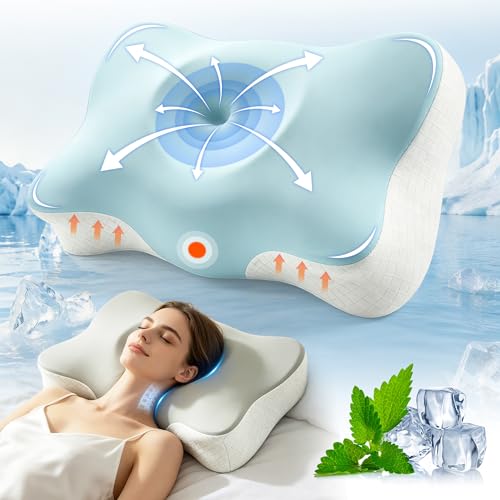 Memory Foam Pillow, Ergonomic Orthopedic Pillow for Neck and Shoulder Pain Relief, 2 Heights Cervical Support Pillow for Side/Back/Stomach Sleepers, Cooling Pillow with 2 Washable Covers(Grey & Blue)