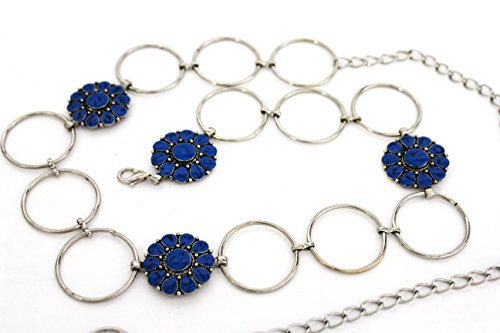 TFJ Women's Fashion Belt Hip High Waist Blue Beads Charms Silver Metal Chain Xs S M