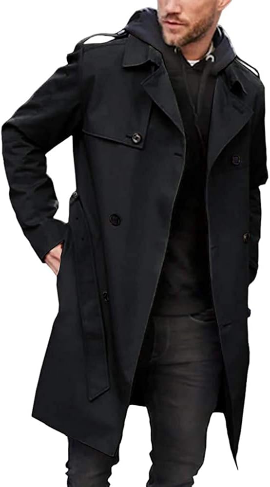 Men's Trench Coat Slim fit Long Lapel Double Breasted Belted Windbreaker Jacket Windproof Button Overcoat at  Men’s Clothing store