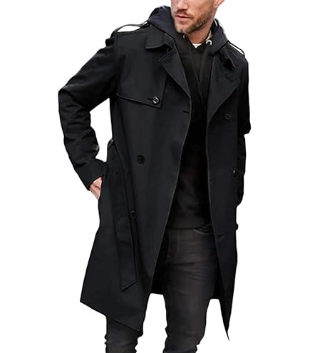 Pretifeel Mens Trench Coat Slim Fit Double Breasted Long Jacket